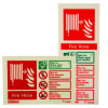 Two fire hose id signs with a hose reel symbol on a red background, each showing that fire hoses are suitable for Class A fires, and not suitable for live electrical equipment, flammable liquids or flammable metal fires.