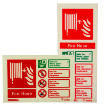 Two fire hose id signs with a hose reel symbol on a red background, each showing that fire hoses are suitable for Class A fires, and not suitable for live electrical equipment, flammable liquids or flammable metal fires.