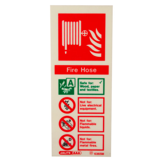 fire hose id sign portrait showing safety and hazard information with a hose symbol on a red background front view