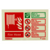 Fire safety sign showing a red fire hose reel symbol with text indicating it is safe for use on wood, paper, and textiles, and not suitable for live electrical equipment, flammable liquids, or flammable metal fires
