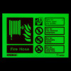 Glow‑in‑the‑dark fire hose safety sign featuring a hose reel and flame pictogram, listing that it is suitable for wood, paper, and textiles, but not for live electrical equipment, flammable liquids, or flammable metal fires