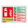 Front of wet chemical id sign landscape showing fire extinguisher icon with safety and hazard instructions in green and red text