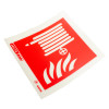 Angled view of a fire hose id sign square with a white hose and flames icon on a red background