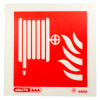 fire hose id sign square showing a coiled hose and flames symbol on red background viewed from the front