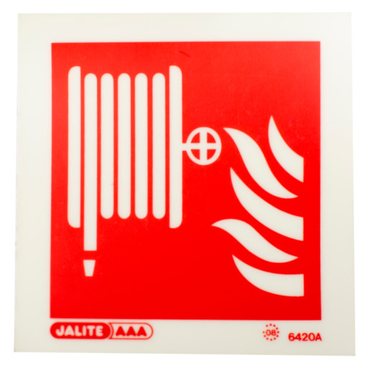 fire hose id sign square showing a coiled hose and flames symbol on red background viewed from the front