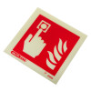 fire alarm id sign square showing a hand pressing a button with flames symbol on a red background angled view