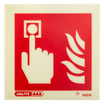 Square fire alarm id sign showing a hand pressing a button with flame symbols on a red background