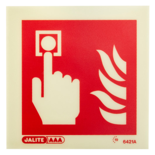 Square fire alarm id sign showing a hand pressing a button with flame symbols on a red background