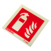 fire extinguisher id sign square showing a white extinguisher and flames on a red background at an angled view