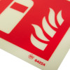 Close up of fire extinguisher id sign square showing red and white design with flames and part of extinguisher icon
