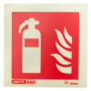 Front view of a fire extinguisher id sign square showing a white extinguisher and flames on a red background