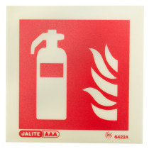 Front view of a fire extinguisher id sign square showing a white extinguisher and flames on a red background