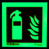 glowing fire extinguisher id sign square showing extinguisher and flames in dark background