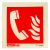 fire telephone sign with a white phone handset and flame symbol on a red square background viewed from the front