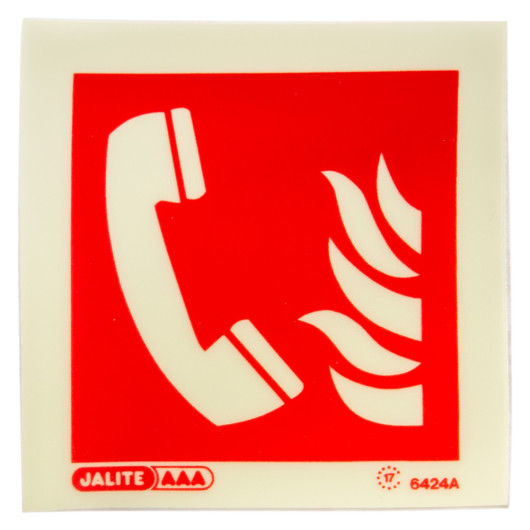 fire telephone sign with a white phone handset and flame symbol on a red square background viewed from the front