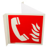 Angled fire telephone panoramic sign without text showing a white telephone and flames on a red background