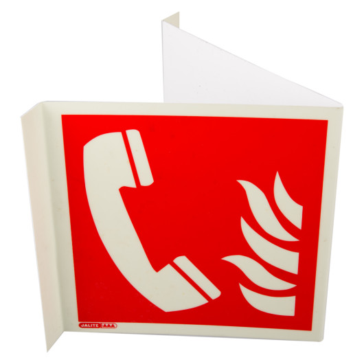 Angled fire telephone panoramic sign without text showing a white telephone and flames on a red background