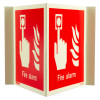 Front view of jalite panoramic fire alarm location sign showing a hand pressing a button with fire alarm text