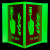jalite panoramic fire alarm location with text sign glowing bright green showing a finger pressing a button and flames