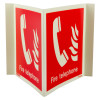 fire telephone panoramic sign showing a white phone and flames symbol on a red background front view