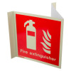 Js6490P20 Panoramic Fire Extinguisher Location Sign with text showing a red sign featuring a fire extinguisher icon and flames angled