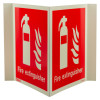 Image of the Js6490P20 Panoramic Fire Extinguisher Location Sign showing a fire extinguisher icon and text on a red background