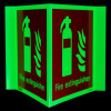 alt=Js6490P20 Panoramic Fire Extinguisher Location Sign With Text Glowing showing a glowing red and green fire extinguisher symbol and text Fire extinguisher on two adjoining sides