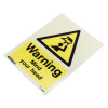 warning mind your head sign made of rigid plastic shown at an angled view with yellow warning symbol and text