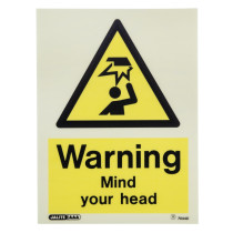 warning mind your head sign rigid plastic showing a yellow triangle with a head injury symbol and bold text warning mind your head