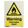 Front view of a warning flammable liquid sign with a black flame symbol inside a yellow triangle above the text