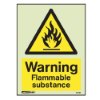 flammable substance warning signs showing a yellow triangle with a black flame and a warning label below