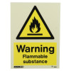 Front view of a warning flammable substance sign with a black flame symbol on a yellow triangle background and text below