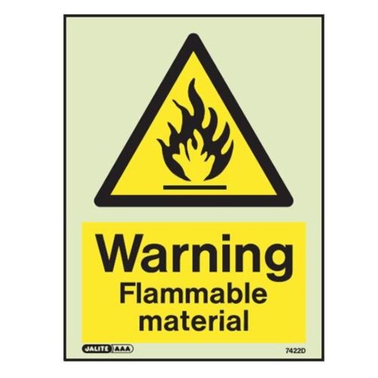 Yellow flammable material warning signs showing a black flame symbol in a triangle on a yellow background front view
