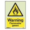Rectangular flammable gases warning sign with a yellow triangle and flame symbol above the text warning flammable gases on a yellow background front view