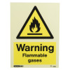 Front view of a warning flammable gases sign showing a black flame symbol on a yellow triangle with text below