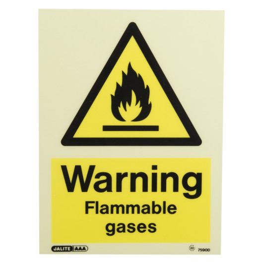 Front view of a warning flammable gases sign showing a black flame symbol on a yellow triangle with text below