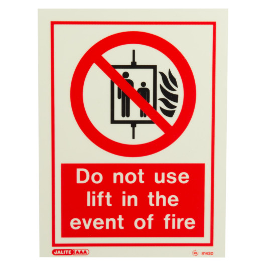 Front view of a lift prohibited sign 200x150mm with text saying do not use lift in event of fire