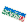 Angled view of abc powder fire extinguisher self adhesive sticker showing safety icons and warnings