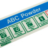 Close up of abc powder fire extinguisher self adhesive sticker showing safety icons and text