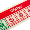 Close up of water fire extinguisher self adhesive sticker showing safety instructions and warnings in red and green text