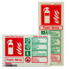 Two foam spray fire extinguisher identification labels showing suitability for Class A fires involving wood, paper and textiles, and Class B flammable liquid fires. Both labels state they can be used on electrical equipment at a one‑metre safety distance