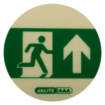 fire exit floor disc self adhesive showing a running figure through a door and an upward arrow on a round green and white disc