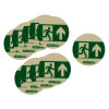 pack of 10 fire exit floor disc self adhesive showing a running figure and an arrow pointing upwards in green and white