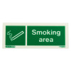 Front view of designaated smoking area table top sign showing a smoking cigarette symbol and smoking area text in green and white