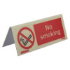 no smoking table top photoluminescent sign shown angled with red no smoking symbol and text on white background