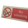 Closeup of a no smoking table top photoluminescent sign showing the no smoking symbol and text on a white background