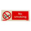 Front view of a no smoking table top photoluminescent sign with a red no smoking symbol and text