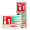 Two foam spray fire extinguisher identification signs showing suitability for Class A and B fires, and warnings that they must not be used on live electrical equipment or flammable metal fires.