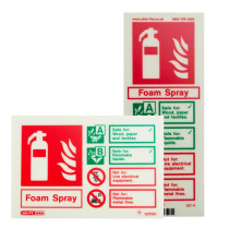 Two foam spray fire extinguisher identification signs showing suitability for Class A and B fires, and warnings that they must not be used on live electrical equipment or flammable metal fires.