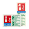 portrait and landscape signs showing the types of fire a powder extinguisher can be used on 